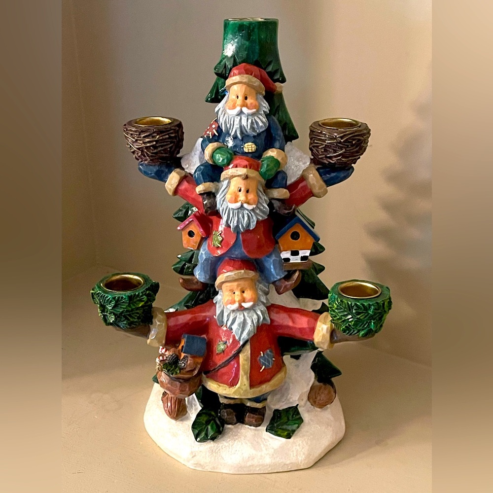 Christmas tree 5 candle holder with Santa and his elves, size 12” tall VTG